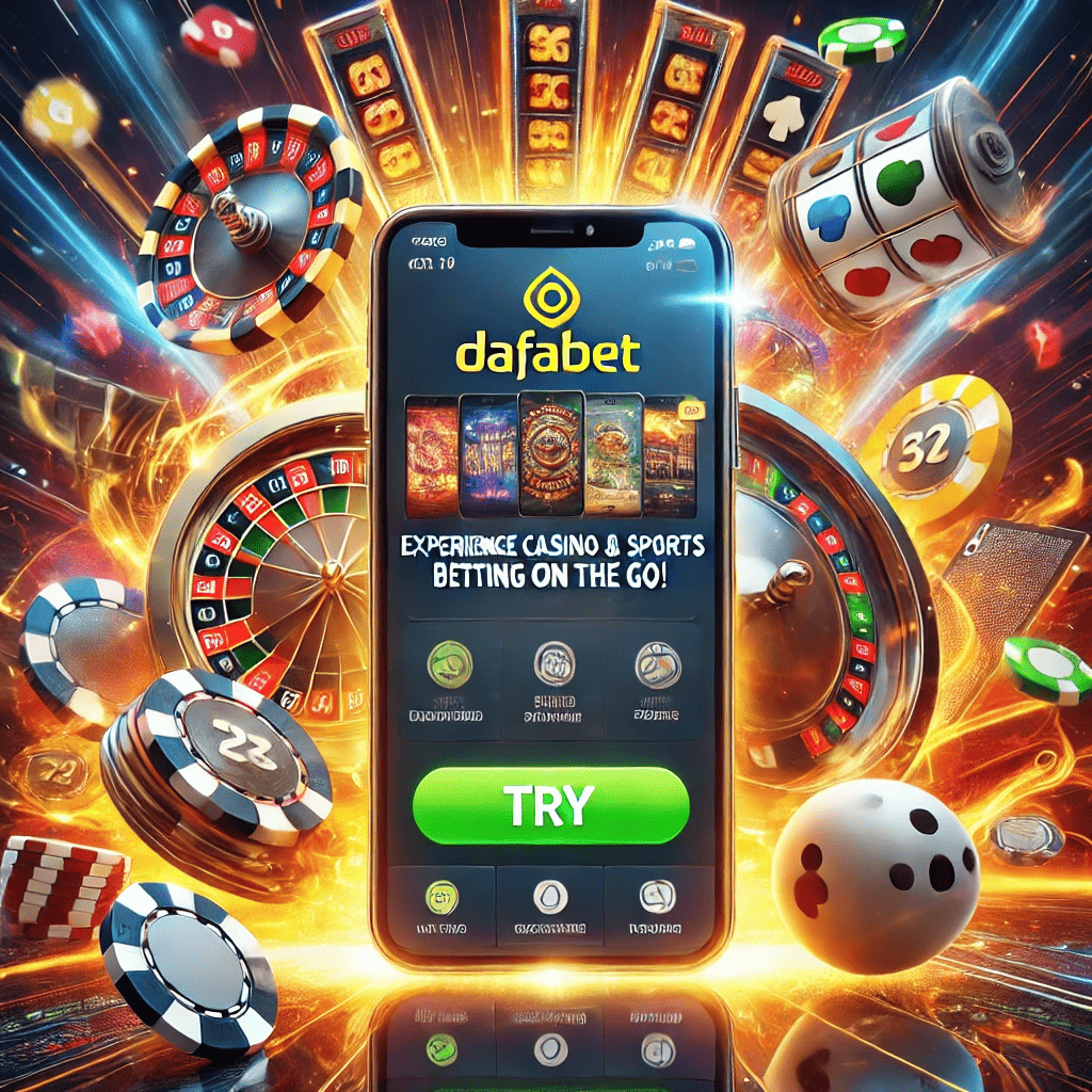 Smartphone displaying Dafabet apps with casino games and sports betting options, surrounded by slot reels, poker chips, and sports icons.